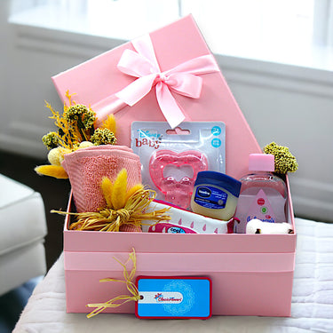 Baby Care Essentials, Johnson Baby Oil, Teether, Bath Towels, Pink Box, Best Gift For New Born Baby Girl